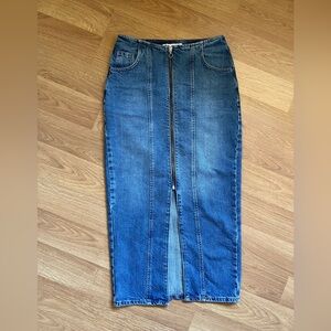 Zara Blue Denim Midi Skirt with Front Zip